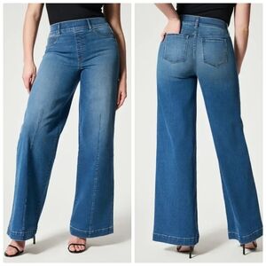 Spanx Wide Leg Jeans XL Seamed Front High Rise Pull On Denim Vintage Indigo